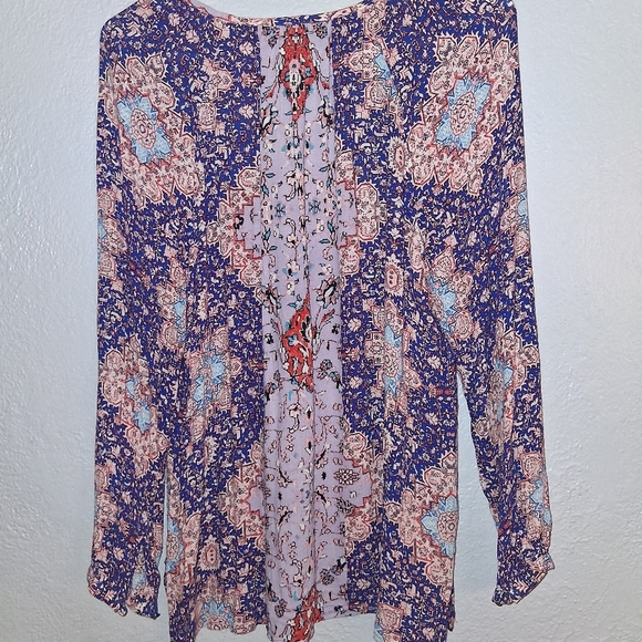 Lucky Brand • Blue Purple Tile Print Long Sleeve Boho Tunic Pesant M - Picture 6 of 6